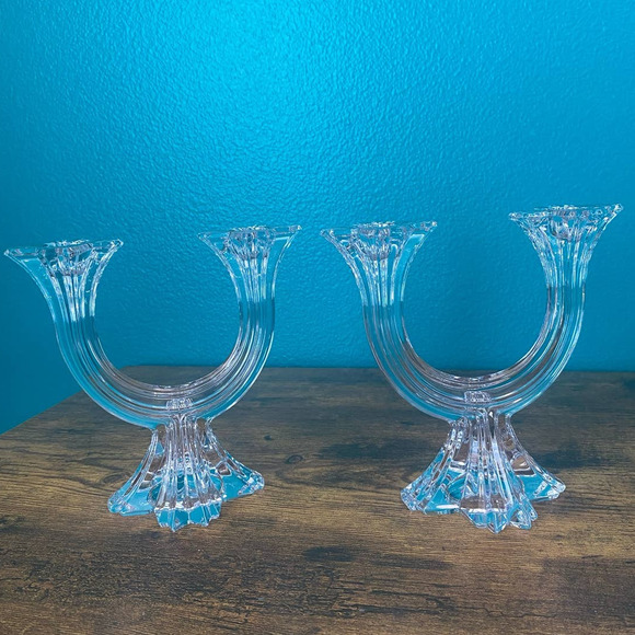 Pair of Clear Glass Art Deco Style Candelabra Candlestick Holders - Picture 9 of 10
